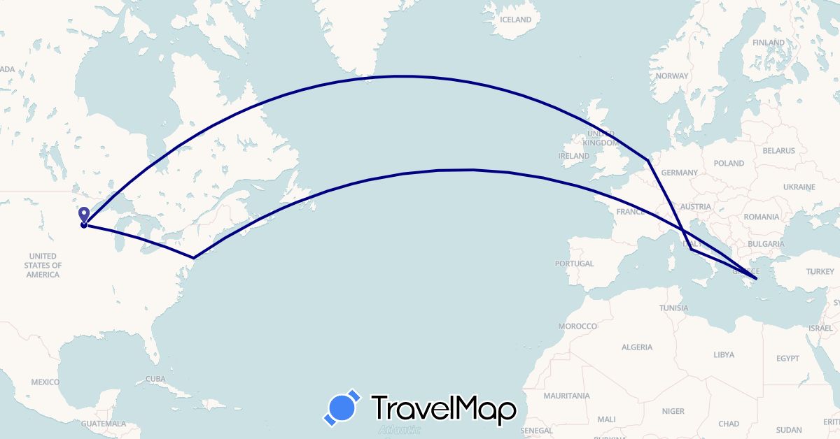 TravelMap itinerary: driving in Greece, Italy, Netherlands, United States (Europe, North America)